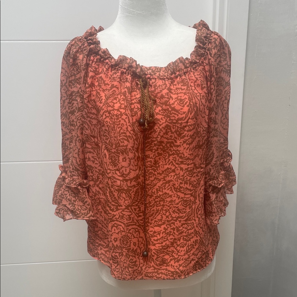 ANTONIO MELANI Rust Patterned Peasant Blouse with Tassel Tie